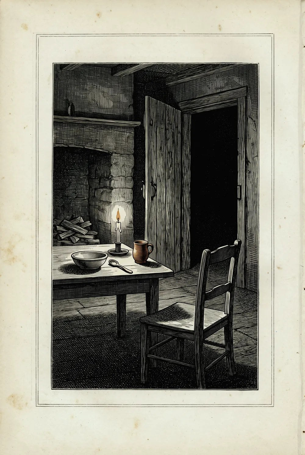 An engraving of a cottage kitchen in Tithewick: a bowl, a spoon and a lit candle on the table, and the door left open on the dark
