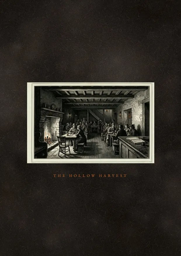 The Hollow Harvest: the tavern of Tithewick crowded at night, cover of the book of villagers