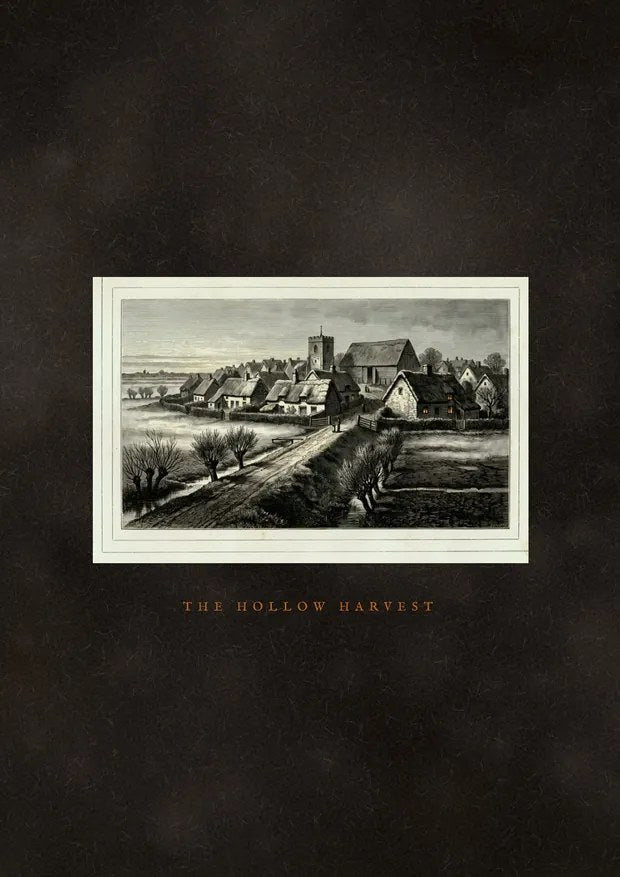 The Hollow Harvest: the village of Tithewick under mist with its church, cover of the book of places