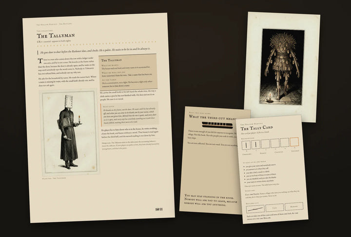 A page of the bestiary, the Tally Card front and back, and an engraved plate, laid out on a dark table