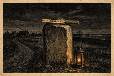 Wood engraving of the toll stone at the edge of the village at night, with a split hazel tally stick laid on top and a lantern on the ground