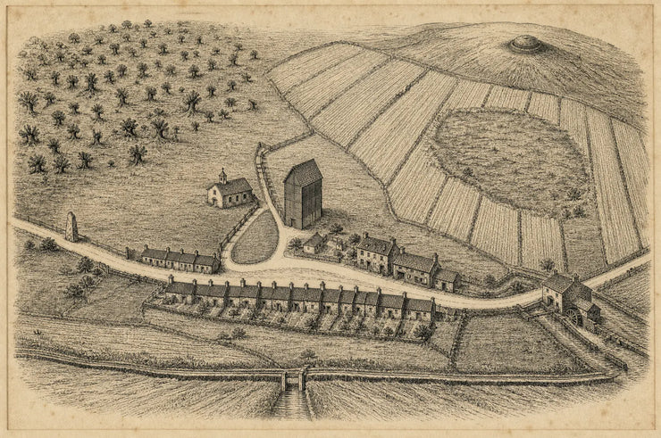 Engraved bird's eye view of the village of Tithewick, with the road, the green, the tithe barn, the chapel, the mill and the barrow